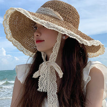Load image into Gallery viewer, Korean Summer Women Lace Hollow Straw Hat Portable Foldable Holiday Beach Outing Sun-proof Solid Color Female Sunshade Bonnet Cap
