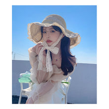 Load image into Gallery viewer, Korean Summer Women Lace Hollow Straw Hat Portable Foldable Holiday Beach Outing Sun-proof Solid Color Female Sunshade Bonnet Cap
