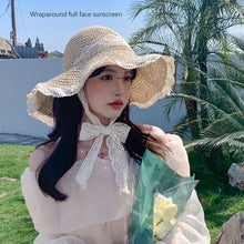 Load image into Gallery viewer, Korean Summer Women Lace Hollow Straw Hat Portable Foldable Holiday Beach Outing Sun-proof Solid Color Female Sunshade Bonnet Cap
