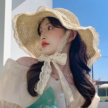 Load image into Gallery viewer, Korean Summer Women Lace Hollow Straw Hat Portable Foldable Holiday Beach Outing Sun-proof Solid Color Female Sunshade Bonnet Cap
