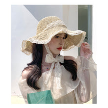 Load image into Gallery viewer, Korean Summer Women Lace Hollow Straw Hat Portable Foldable Holiday Beach Outing Sun-proof Solid Color Female Sunshade Bonnet Cap
