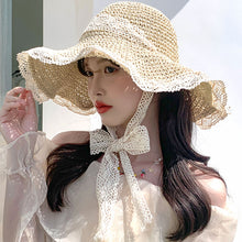 Load image into Gallery viewer, Korean Summer Women Lace Hollow Straw Hat Portable Foldable Holiday Beach Outing Sun-proof Solid Color Female Sunshade Bonnet Cap
