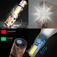 Load image into Gallery viewer, Outdoor Camo XPE Lamp Bead Zoom Long Range Flashlight Side Light COB Aluminum Alloy Flashlight USB Charging
