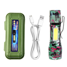 Load image into Gallery viewer, Outdoor Camo XPE Lamp Bead Zoom Long Range Flashlight Side Light COB Aluminum Alloy Flashlight USB Charging
