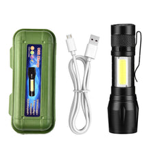 Load image into Gallery viewer, Outdoor Camo XPE Lamp Bead Zoom Long Range Flashlight Side Light COB Aluminum Alloy Flashlight USB Charging
