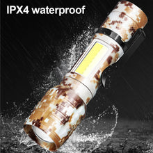 Load image into Gallery viewer, Outdoor Camo XPE Lamp Bead Zoom Long Range Flashlight Side Light COB Aluminum Alloy Flashlight USB Charging
