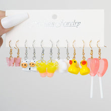 Load image into Gallery viewer, 5 Pairs Cute Cartoon Animal Fruit Earrings Set for Women Girl Simulated Resin Acrylic Food Drink Icecream DIY Dangle Earring New Jewelry
