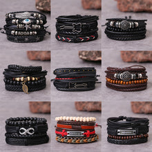 Load image into Gallery viewer, Multilayer Combination Braided Wrap Leather Bracelets for Men Vintage Life Tree Rudder Charm Wood Beads Ethnic Tribal Wristband Rope Bracelet
