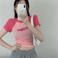 Load image into Gallery viewer, Women Slimming Fit T-shirt Summer Contrasted Color Short Sleeve Shirts American Style Basic Tops Casual Simplicity Shirt
