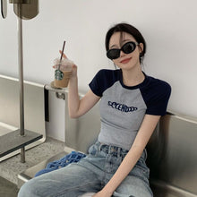 Load image into Gallery viewer, Women Slimming Fit T-shirt Summer Contrasted Color Short Sleeve Shirts American Style Basic Tops Casual Simplicity Shirt
