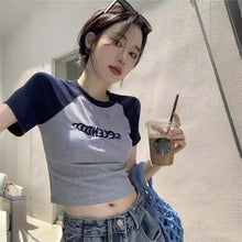 Load image into Gallery viewer, Women Slimming Fit T-shirt Summer Contrasted Color Short Sleeve Shirts American Style Basic Tops Casual Simplicity Shirt
