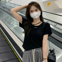 Load image into Gallery viewer, Women Irregular Design T-shirt Casual Short-Sleeved Shirts Summer Slim Fit Short Top Black White Basic Tees
