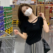 Load image into Gallery viewer, Women Irregular Design T-shirt Casual Short-Sleeved Shirts Summer Slim Fit Short Top Black White Basic Tees
