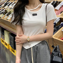 Load image into Gallery viewer, Women Irregular Design T-shirt Casual Short-Sleeved Shirts Summer Slim Fit Short Top Black White Basic Tees
