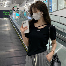 Load image into Gallery viewer, Women Irregular Design T-shirt Casual Short-Sleeved Shirts Summer Slim Fit Short Top Black White Basic Tees
