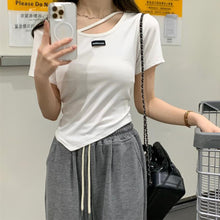 Load image into Gallery viewer, Women Irregular Design T-shirt Casual Short-Sleeved Shirts Summer Slim Fit Short Top Black White Basic Tees

