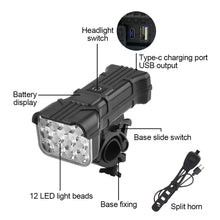Load image into Gallery viewer, 12 LED Bicycle Horn Headlight With Digital Display USB Charging Outdoor Night Riding Fishing Safety Warning Light
