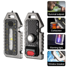 Load image into Gallery viewer, Multifunctional Keychain Light Outdoor Emergency Survival Whistle Bottle Opener Broken Window Hammer Night Riding Red And Blue Warning Light Portable Flashlight
