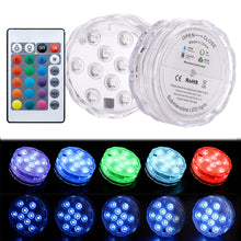 Load image into Gallery viewer, 10 LEDs RGB Underwater Lamp Submersible Light Remote Control Garden Swimming Pool Light Aquarium Vase Bowl Wedding Party Decor
