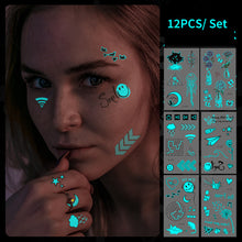 Load image into Gallery viewer, 12pcs/set Blue Glow Tattoo Sticker Waterproof Small Fresh Snake Butterfly Electric Syllable Party Sticker Set Tattoo Patches
