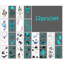 Load image into Gallery viewer, 12pcs/set Blue Glow Tattoo Sticker Waterproof Small Fresh Snake Butterfly Electric Syllable Party Sticker Set Tattoo Patches

