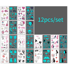 Load image into Gallery viewer, 12pcs/set Blue Glow Tattoo Sticker Waterproof Small Fresh Snake Butterfly Electric Syllable Party Sticker Set Tattoo Patches
