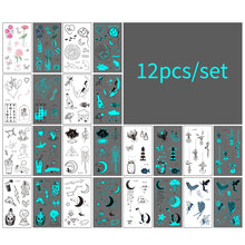 Load image into Gallery viewer, 12pcs/set Blue Glow Tattoo Sticker Waterproof Small Fresh Snake Butterfly Electric Syllable Party Sticker Set Tattoo Patches

