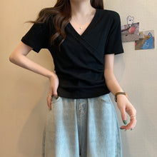 Load image into Gallery viewer, Cross V-neck Short Sleeve T-shirt Women Slim Bottoming Shirts Crop Top Summer New Fashion

