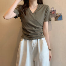 Load image into Gallery viewer, Cross V-neck Short Sleeve T-shirt Women Slim Bottoming Shirts Crop Top Summer New Fashion
