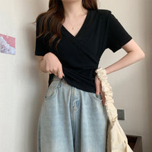 Load image into Gallery viewer, Cross V-neck Short Sleeve T-shirt Women Slim Bottoming Shirts Crop Top Summer New Fashion
