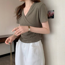 Load image into Gallery viewer, Cross V-neck Short Sleeve T-shirt Women Slim Bottoming Shirts Crop Top Summer New Fashion

