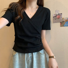 Load image into Gallery viewer, Cross V-neck Short Sleeve T-shirt Women Slim Bottoming Shirts Crop Top Summer New Fashion
