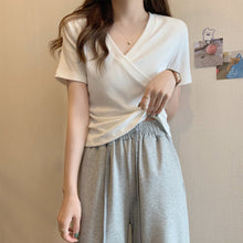 Load image into Gallery viewer, Cross V-neck Short Sleeve T-shirt Women Slim Bottoming Shirts Crop Top Summer New Fashion
