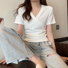 Load image into Gallery viewer, Cross V-neck Short Sleeve T-shirt Women Slim Bottoming Shirts Crop Top Summer New Fashion
