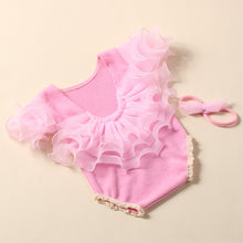 Load image into Gallery viewer, 2Pcs/Set Beige Newborn Photography Costume Lace Romper Bow Headband Set Baby Girl Photo Shooting Outfits

