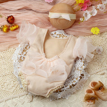 Load image into Gallery viewer, 2Pcs/Set Beige Newborn Photography Costume Lace Romper Bow Headband Set Baby Girl Photo Shooting Outfits
