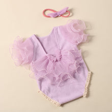 Load image into Gallery viewer, 2Pcs/Set Beige Newborn Photography Costume Lace Romper Bow Headband Set Baby Girl Photo Shooting Outfits
