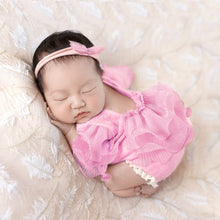 Load image into Gallery viewer, 2Pcs/Set Beige Newborn Photography Costume Lace Romper Bow Headband Set Baby Girl Photo Shooting Outfits
