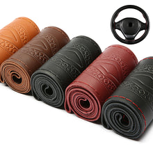Load image into Gallery viewer, 38cm DIY Hand Sewn Car Steering Wheel Cover Genuine Leather Embossed Cowhide Steering Wheel Wrap Braid With Needle Thread
