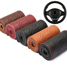 Load image into Gallery viewer, Car Steering Wheel Cover Genuine Leather DIY Hand Sewn Embossed Cowhide Steering Wheel Wrap Braid With Needle Thread 38cm
