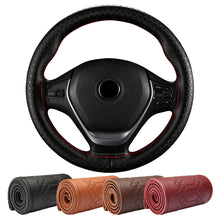Load image into Gallery viewer, Car Steering Wheel Cover Genuine Leather DIY Hand Sewn Embossed Cowhide Steering Wheel Wrap Braid With Needle Thread 38cm
