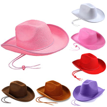 Load image into Gallery viewer, Western Cowboy Hat for Men Women Kids Outdoor Wide Brim Faux Leather Summer Wide Brim Beach Travel Cap Black White Pink
