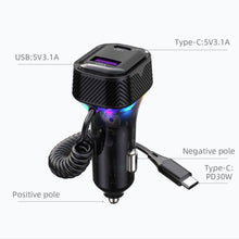 Load image into Gallery viewer, PD 30W Fast Car Charger With Spring Wire Atmosphere Light Cigarette Lighter Converter 3 Output For 12V-24V Cars
