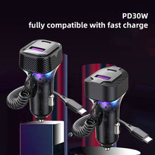 Load image into Gallery viewer, PD 30W Fast Car Charger With Spring Wire Atmosphere Light Cigarette Lighter Converter 3 Output For 12V-24V Cars
