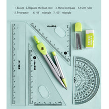 Load image into Gallery viewer, 7pcs Geometric Mathematical Drawing Tool Set Multi-functional Compass Protractor Ruler Eraser
