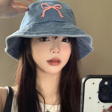 Load image into Gallery viewer, Cowboy Bucket Hat For Women Embroidery Bow Tie Fisherman Hat Fashion Outdoor Casual Cap Washed Denim Hat Travel Sunscreen Gift
