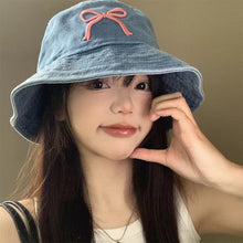 Load image into Gallery viewer, Cowboy Bucket Hat For Women Embroidery Bow Tie Fisherman Hat Fashion Outdoor Casual Cap Washed Denim Hat Travel Sunscreen Gift
