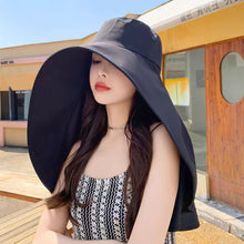 Load image into Gallery viewer, Women Large Brim Sun Hat Bucket Cap with Neck Flap Full Protection Anti-UV Outdoor Hats Solid Color Ponytail Cap Travel Female Gift
