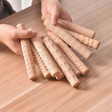 Load image into Gallery viewer, 3D Pottery Tools Wooden Texture Rolling Stick Pottery Embossed Rod Flower Pattern Relief Soft Clay Tools Hand Pressure Mud Rollers DIY Clay Craft Tool
