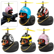 Load image into Gallery viewer, Duck Toy with Sticker Silicone Broken Wind Black Duck Propeller with Helmet Ornaments for Car Interior Bike Motor Cycling Decoration
